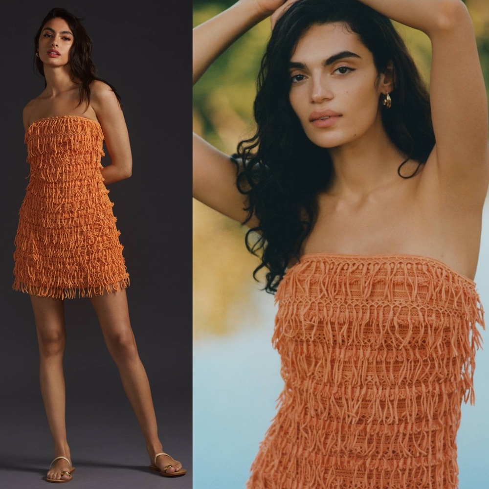 Anthropologie Let Me Be Fringed Tube Mini Dress Orange Size Medium